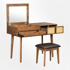 a wooden desk with a mirror and stool