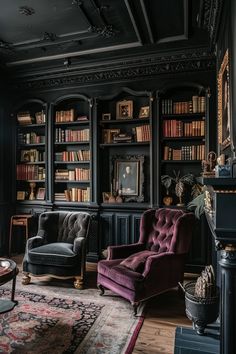 a living room filled with furniture and bookshelves covered in lots of bookcases