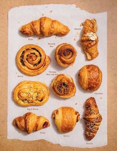 there are many different types of pastries on this sheet of paper, including croissants