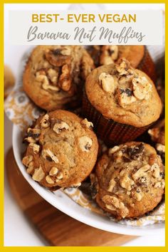 banana nut muffins on a plate with text overlay