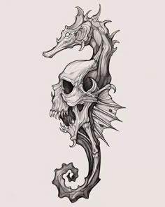 a drawing of a seahorse with a skull on it