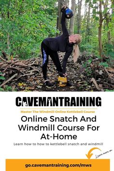 a woman doing yoga in the woods with text overlay that reads caveman training