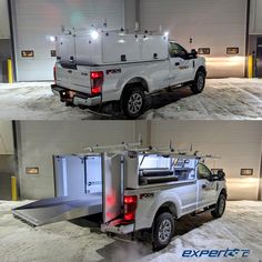 two pictures of the back and side of a truck with its doors open in snow