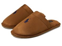 Polo Ralph Lauren Klarence Scuff Slipper - Men's Shoes : Snuff/Navy : Cultivate your weekend of lounging in the Polo Ralph Lauren Klarence Scuff Slipper. Pair with your favorite comfy loungewear for a day of relaxation. Slip on design. Classic round toe silhouette. Memory foam insole provides all-day comfort. Signature Pony Player embroidered on vamp. Synthetic upper. Textile lining and insole. TPR outsole. Imported. Measurements: Weight: 9 oz Product measurements were taken using size 9, width M. Please note that measurements may vary by size. Polo Slippers, Luxury Brown Slippers For Men, Polo Ralph Lauren Slippers, Soft Brown Slip-on Slippers, Brown Slip-on Slippers With Buckle Closure, Navy Man, Top Backpacks, Polo Ralph Lauren Mens, Men's Polo