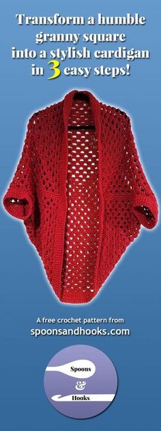 an advertisement for a knitted cardigan in red