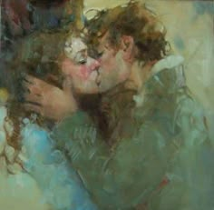 a painting of two people kissing each other