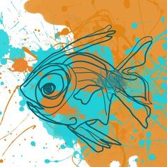 an orange and blue fish with splatters on it's body in front of a white background