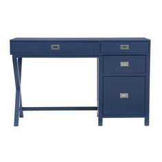 a blue desk with two drawers on it