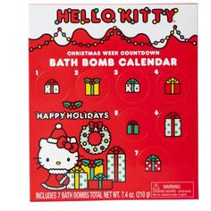 the hello kitty christmas week countdown calendar is shown in red and has presents on it