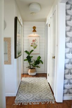 a hallway with white walls and wooden floors has a potted plant on the rug