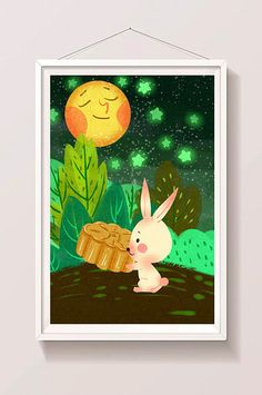 a white rabbit holding a basket in front of a night sky with stars and the moon above it