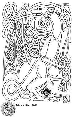 a black and white drawing of a horse in the middle of a celtic style design