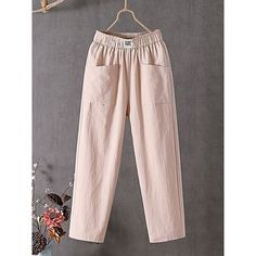 Season:Summer,Fall,Spring; Fabric:Cotton Linen; Gender:Women's; Style:Comfort,Solid; Elasticity:Micro-elastic; Occasion:Daily,Casual; Details:Without Lining; Fit Type:Regular Fit; Function:Comfort; Waistline:Mid Waist; Design:Baggy,Side Pockets,Elastic Waist; Special Size:Normal; Pants Type:Chinos,Baggy Pants; Fly Type:Elasticity; Front page:FF; Production mode:External procurement; Hips:; Length:; Waist:; Fit US Size:null; Fit UK Size:null; Fit EU Size:null; Pants Length:Ankle-Length Baggy Pants For Women, Pant Pattern, Casual Linen Pants, Patches Fashion, Solid Color Pants, Linen Casual, Baggy Pants, Women Pants, Casual Design