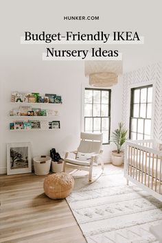 a baby's room with a rocking chair, crib and pictures on the wall