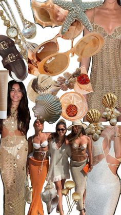 a collage of women dressed in different outfits and accessories, including shells, seashells