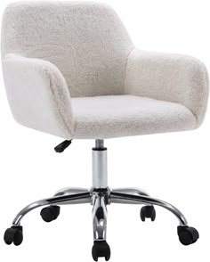 a white office chair with wheels and casteors on an isolated white background, viewed from the front