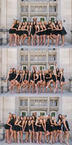 a series of photos showing women in black dresses posing for the camera with their legs spread out