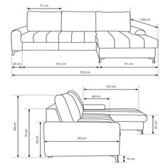 a drawing of a sectional couch and ottoman with measurements for the back end, side chaise