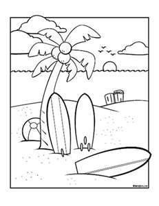 a black and white drawing of a surfboard on the beach with a palm tree