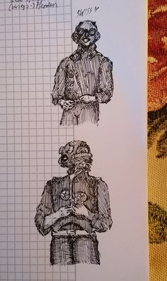 two drawings of people standing next to each other on top of a piece of paper