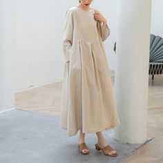 "Cool and comfortable for hot summer days, this natural linen dress is elegant and stylish.    It is a wonderful wardrobe staple that's a timeless classic you'll wear again and again.Pure natural linen materials, comfortable, breathable, refreshing and soft fabric. All our items are Tailored and Handmade and Made to Order ,I can make Any Size . I design new styles every week, please collect my store. I believe that you will meet your favorite styles. ★★FEATURES Linen 55% + Cotton 45% ( Medium We Beige A-line Linen Dress For Spring, Spring Beige A-line Linen Dress, Beige Linen Dress For Summer, Casual Linen Maxi Dress For Spring, Spring Linen Dress For Daywear, Spring Daywear Linen Dress, Cream A-line Linen Dress, Beige Linen Dress With Relaxed Fit For Spring, Casual Summer Dress Made Of Flax