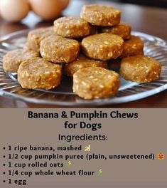 banana and pumpkin chews for dogs recipe on a plate with eggs in the background