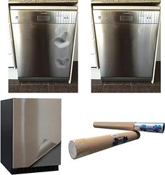 three different views of a dishwasher with the door open and two rolls of paper next to it