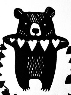 a black and white drawing of a bear with hearts