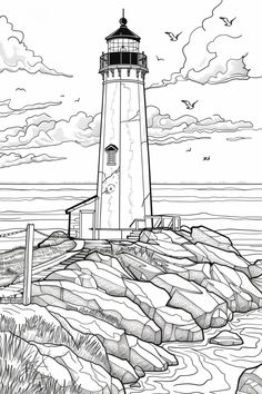 a black and white drawing of a lighthouse on the rocks by the ocean with birds flying over it