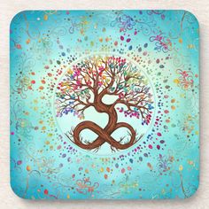 a tree with an infinite sign in the middle on a blue background beverage coasters