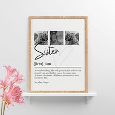 a wooden frame with three photos hanging on the wall next to a vase and pink flowers