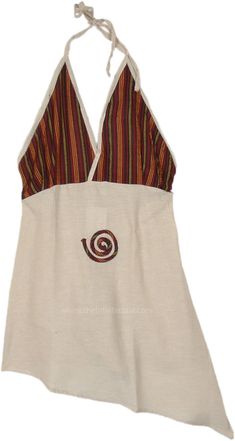 This halter top is made of 100% cotton and features a vibrant striped pattern on the bodice with shades of red, yellow, and green. The back has a smocking elastic waist for a comfortable and adjustable fit, and the asymmetrical hemline is longer on one side, adding a unique touch to the design. #tlb #beachwrap #bohemianfashion #BohoTunic #VacationClothing Hippie Patterns, The Little Bazaar, Beige Beach, Patchwork Tank Top, Vacation Clothing, Beach Bohemian, Upcycle Shirt, Hippie Look, Trendy Skirts