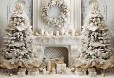 two decorated christmas trees in front of a fireplace with candles and presents on the mantle