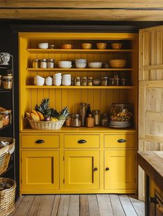 Warm and Inviting Yellow Kitchen Pantry Ideas Devol Scullery Yellow, Kitchen Pantry Design Ideas, Yellow Kitchens, Pantry Design Ideas, Kitchen Pantry Ideas, Vintage Pantry, Modern Pantry, Hidden Pantry