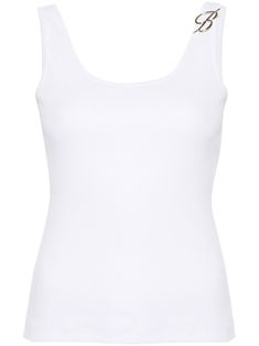 white stretch-cotton fine ribbed scoop neck appliqué logo sleeveless unlined straight hem Blumarine Logo, Tank Top White, Ribbed Tank Top, Ribbed Tank Tops, Ribbed Tank, White Tank Top, Stretch Cotton, Size Clothing, Scoop Neck