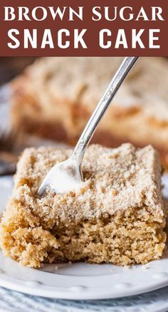 a piece of brown sugar snack cake on a white plate with a fork in it