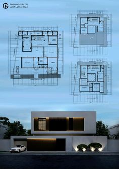 the floor plan for this modern house is shown in three different views, including an overhead view