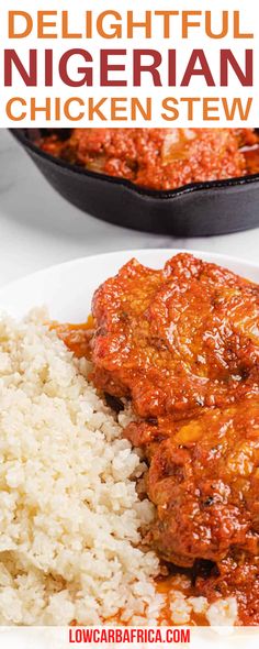 a white plate topped with rice and meat next to a skillet filled with sauce