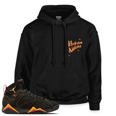 "Citrus 7 Bees Pullover Hoodie heavy blend fleece with front kangaroo pockets. Quality pullover hoodie, 50% Cotton, 50% Polyester. Machine wash. Tumble dry. Available in black Hoddie design for the Air Jordan 7 Retro \"CITRUS\" 2022. Wear this comfortable short sleeve T-shirt on any occasion. (sneakers showed not included) REDRUM CLOTHING is an independent sneaker-based line to compliment all Jordans/Foamposite or any shoe we do not have any affiliation with Air Nike/Jordan brand. True to size R Air Jordan 8 Retro, Air Jordan 8, Air Nike, All Jordans, Streetwear Essentials, Jordan 8, Air Jordan 5 Retro, Foam Posites, Air Jordan 5