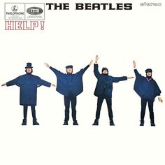 the beatles help album cover with four men in blue jackets and hats, one holding his arms up