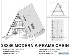 an architectural drawing of a frame cabin with measurements and details for the roof, walls and floor