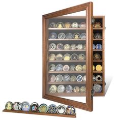 a display case filled with lots of different types of buttons on shelves next to each other