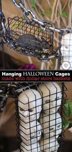 hanging halloween cages made with dollar store baskets