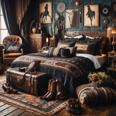 Perfect Western Bedding Ideas 🎨 Western Gothic Bedroom, Vintage Western Bedroom, Rust Bedroom Ideas, Western Aesthetic Bedroom, Western Theme Bedroom, Western Bedding Ideas, Dark Western Bedroom, Black And Rust Bedroom