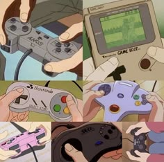 several pictures of people playing video games with remote controls in their hands and holding game controllers