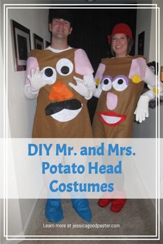 two people dressed as mr and mrs potato head costumes with text overlay reading diy mr and mrs potato head costumes