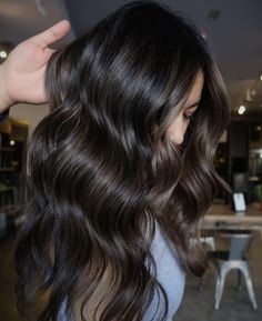 Soft Black Balayage, Dark Highlights On Dark Brown Hair, Black Hair Babylights, Babylights On Black Hair, Black Hair With Burgundy Highlights, Dark Brown Dimensional Hair, Dimensional Dark Brown Hair, Dark Brown Bayalage Hair, Dark Brown Hair Balayage Summer