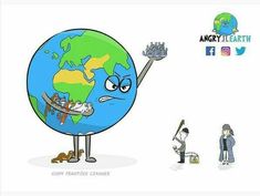 an angry earth cartoon character holding a baseball bat and looking at the ground with other people around it