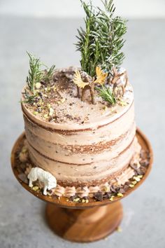 a cake with frosting and small plants on top