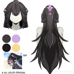 an anime character with long black hair and purple flowers on her head, next to color swatches